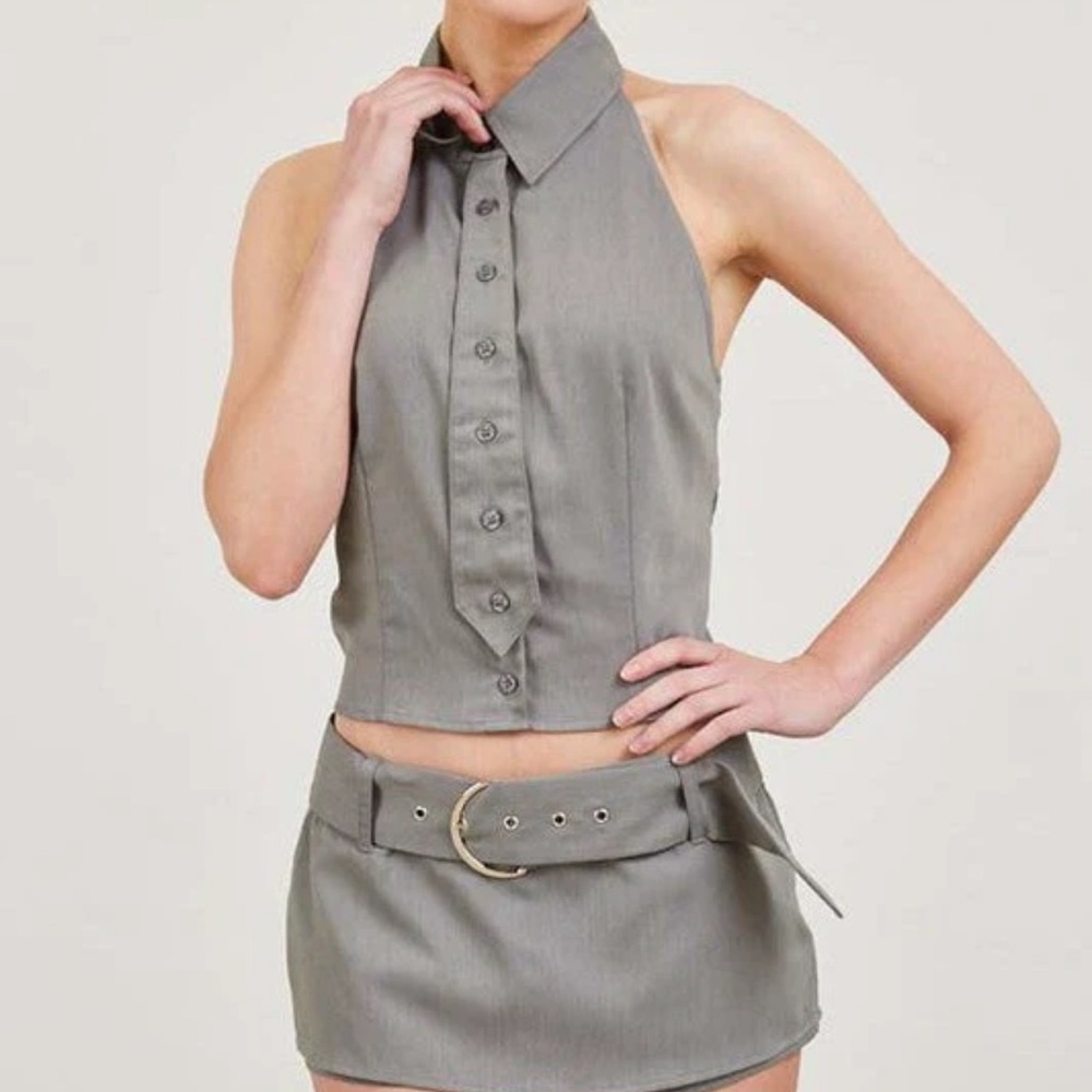 Cropped Halter Button Front Top and Mini Skirt Set - Gray